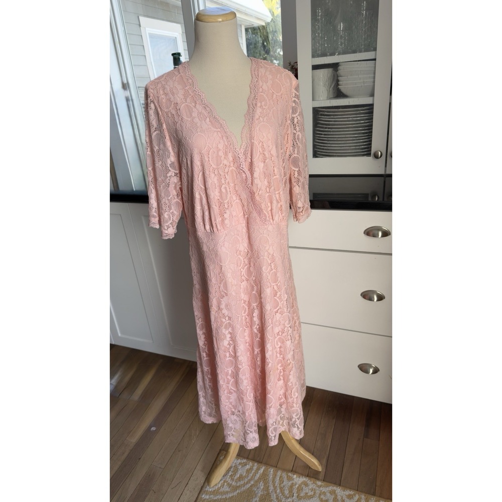 Peach Dress Womens Overlay Lace 3/4 Sleeve Nylon-Spandex Blend Feminine Glam 20W